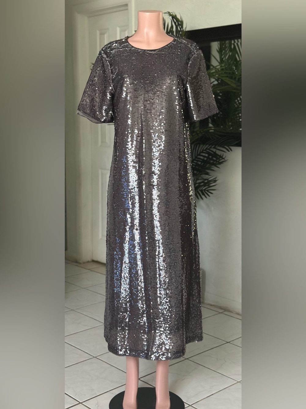 Studio Metallic Gunmetal Sequin Maxi Dress fits M